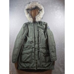 American Eagle Parka Coat Jacket Womens M Green Faux Fur Hooded Fleece Lined
